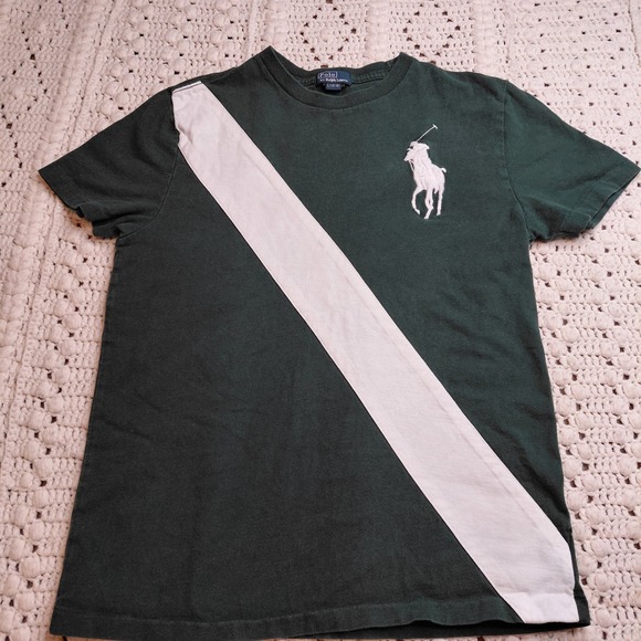 Polo Ralph Lauren Shirt Crew Youth 14/16 Short Sleeve‎ Green Large Pony Striped - Picture 2 of 9